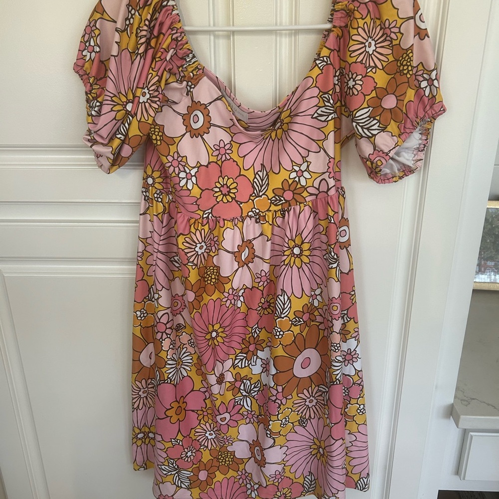 Floral Puff-Sleeve Mini Dress in Pink and Mustard Womens M